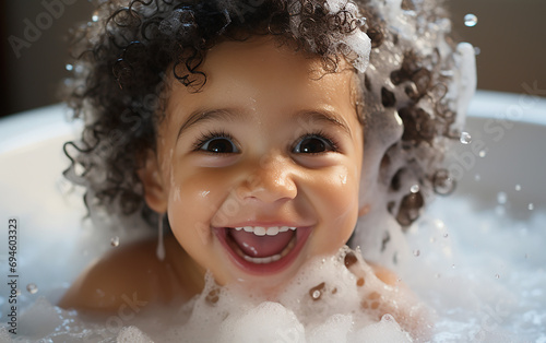 Adorable curly afro baby boy taking bath with foam.