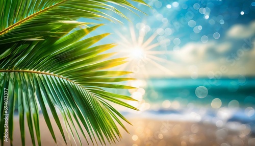 Palm tree on tropical beach with blue sky and white clouds abstract background. 