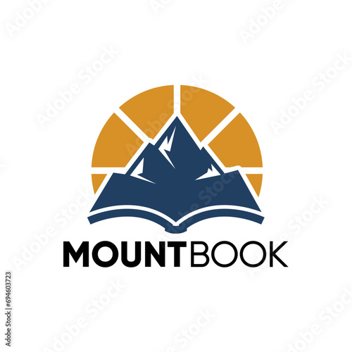 A logo featuring an opened book nestled within mountain peaks for adventure, book publisher business branding. Design Element, Vector Illustration.