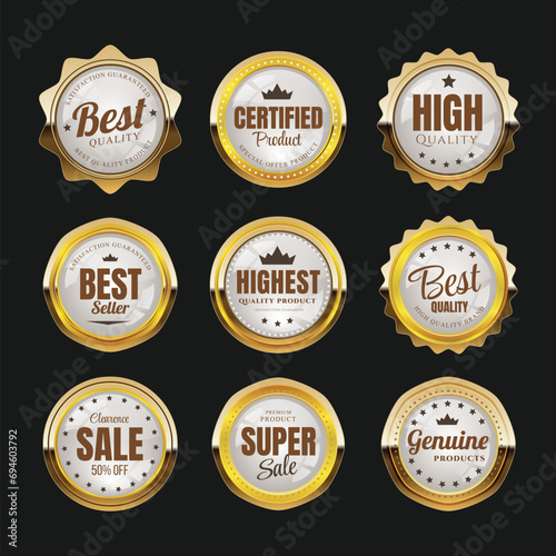 Set of Gold Seal Labels Collection, Golden luxury labels, gold premium quality certificate emblems badges, Luxury VIP and premium quality sticker tags and banners best product seals with golden crown