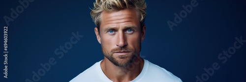 A Close Up Photo Portrait of a Blonde Masculine Man standing against a Blue Background - Blonde Man Blue Backdrop Wallpaper created with Generative AI Technology