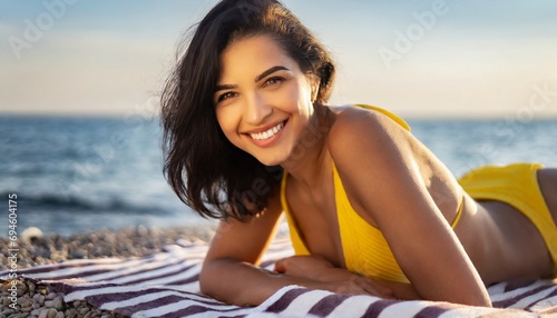Portrait of smiling modern woman in yellow swimwear on the seacoast lying on a striped towel