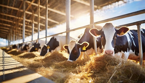 Meat and milk and livestock industry, text space. Cows eating hay in cowshed on dairy farm with sunlight in barn