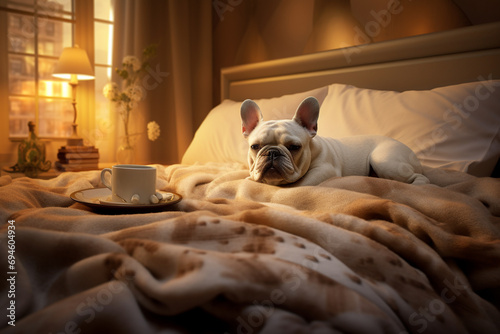 A charming bed setup with an irresistibly cute pet, captured in high-definition, creating a visually appealing and heartwarming image