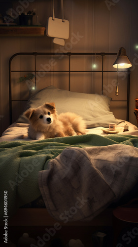 A charming bedroom scene featuring an inviting bed and an adorable pet, skillfully captured with a high-quality camera to showcase every detail