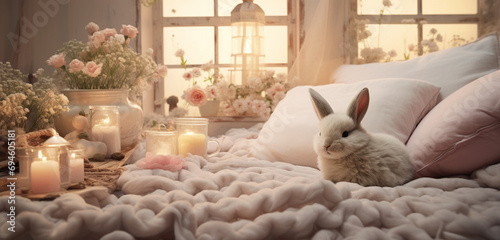 A dreamy bed setting complemented by a cute bunny finding solace in soft blankets