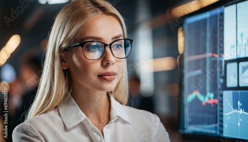 Portrait of blonde female expert in glasses looking at screen with financial data close up 