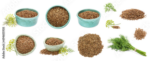 Dry dill seeds on white background, set
