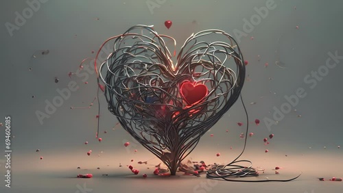 A heart turning into a tangled mess of wire, conveying the impact of mental health issues on ones emotional wellbeing. minimal 2d animation Psychology art concept photo
