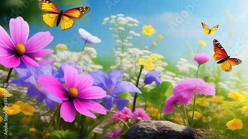 spring vibrant nature with flowers and insect photo realistic wallpaper