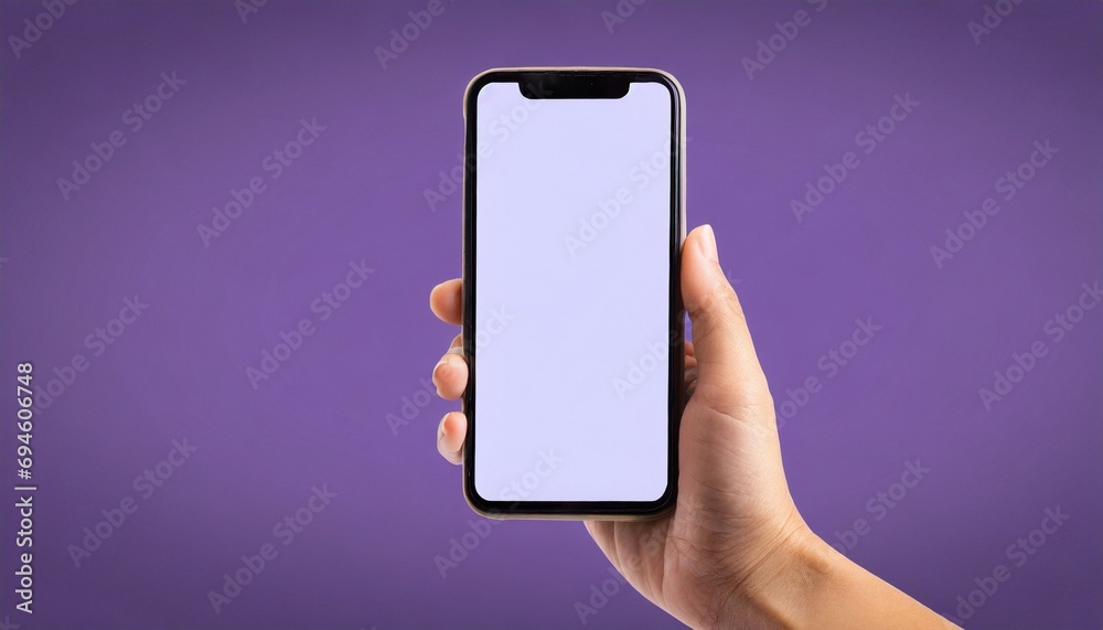 Hand using smartphone with blank screen, isolated on purple background Hand using smartphone with blank screen, isolated on purple background