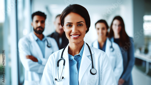 Happy smiling female doctor with a stethoscope. Doctor on the blurred background of medical personnel. Healthcare workers in the hospital. Hospital staff. AI-generated