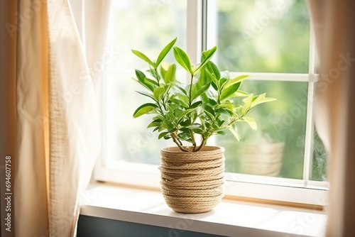 concept of home gardening. Zamioculcas in flowerpot on windowsill. Home plants on the windowsill. Green Home plants in a pot on windowsill at home. generative ai. photo