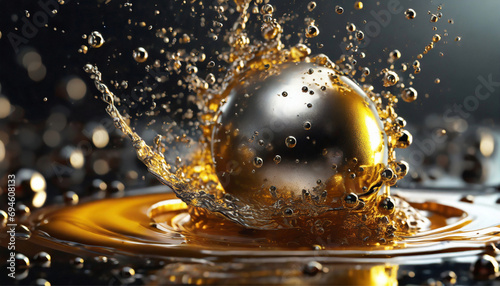 Close-up of metallic ball splashing in oil, lubrication process for industrial plant. photo