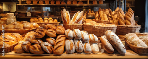 bel étale de pains doré dans une boulangerie traditionnelle Française photo