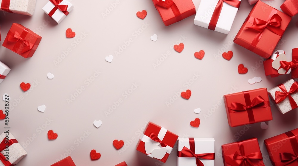 Top view of red and white gift boxes and hearts - obrazy, fototapety, plakaty 