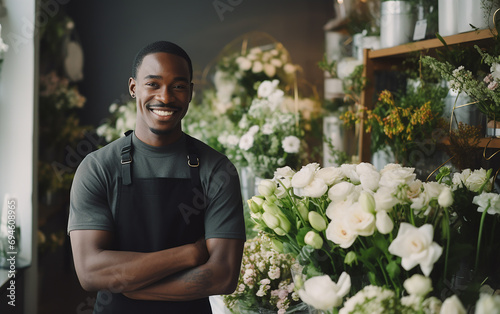 Shot of a handsome black young florist man, working in flower shop