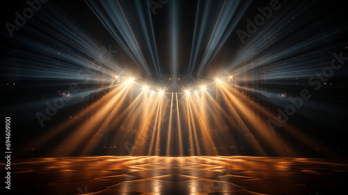 gold red stage curtain with spotlights. scene, stage light with colored spotlights and smoke. empty theater stage illuminated spotlights and smoke before a performance. Art concept ..