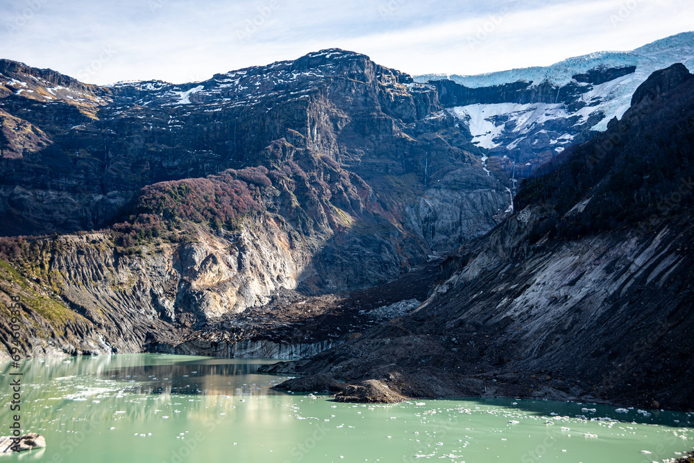 Ventisquero Negro Glacier, in retraction due to global warming, is located at the base of the geologically inactive Cerro Tronador volcano.