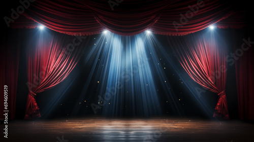 red gold stage curtain with spotlights. scene, stage light with colored spotlights and smoke. Stage on the dark floor with lights on the perimeter. theater stage Art concept. .