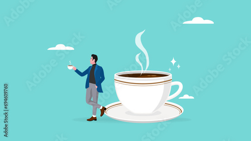 time for a break illustration with concept of businessman is resting while drinking coffee and leaning on a big cup of coffee, coffee break time to relax and refresh from long stress concept