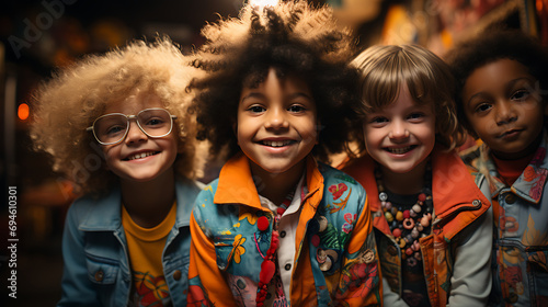 A group of children wearing fashionable, colorful, and patterned clothes, in a cheerful and colorful environment.