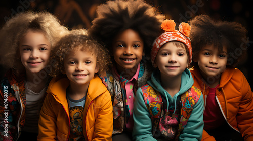 A group of children wearing fashionable, colorful, and patterned clothes, in a cheerful and colorful environment.