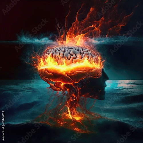 The brain is drowning in water and the fire is burning in it. Mind depression problem Mind concept images