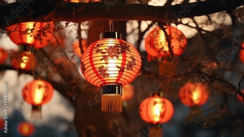 Chinese New Year lanterns hanging on tree at dusk. Traditional festival decorations.