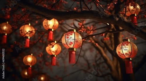 Illuminated traditional lanterns hanging on tree branches. Cultural celebrations.