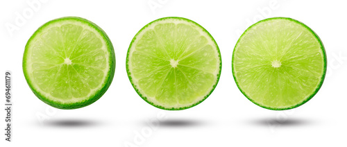 Flying lime slices circle collection isolated on white background. Clipping path.