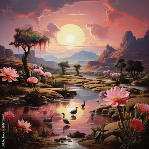 Desert Dream: A Colorful Painting of an Oasis and its Wildlife © Luiz