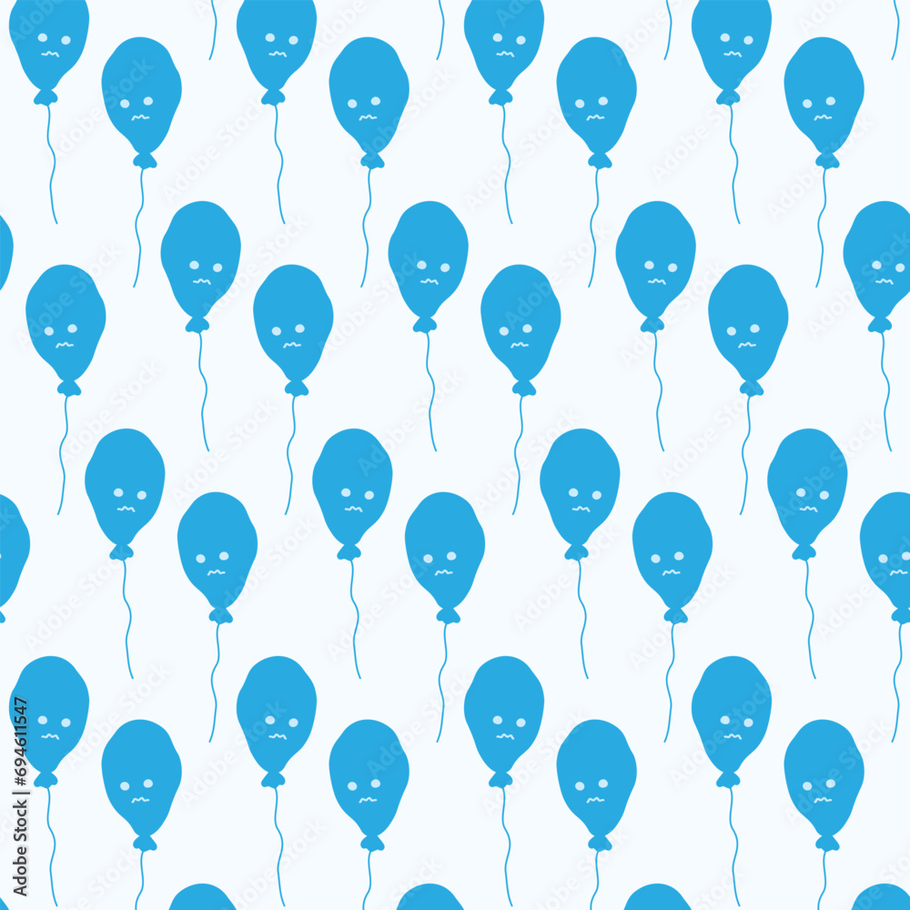 Seamless pattern of blue balloons on a thread with sad smile face in trendy monochrome blue shades