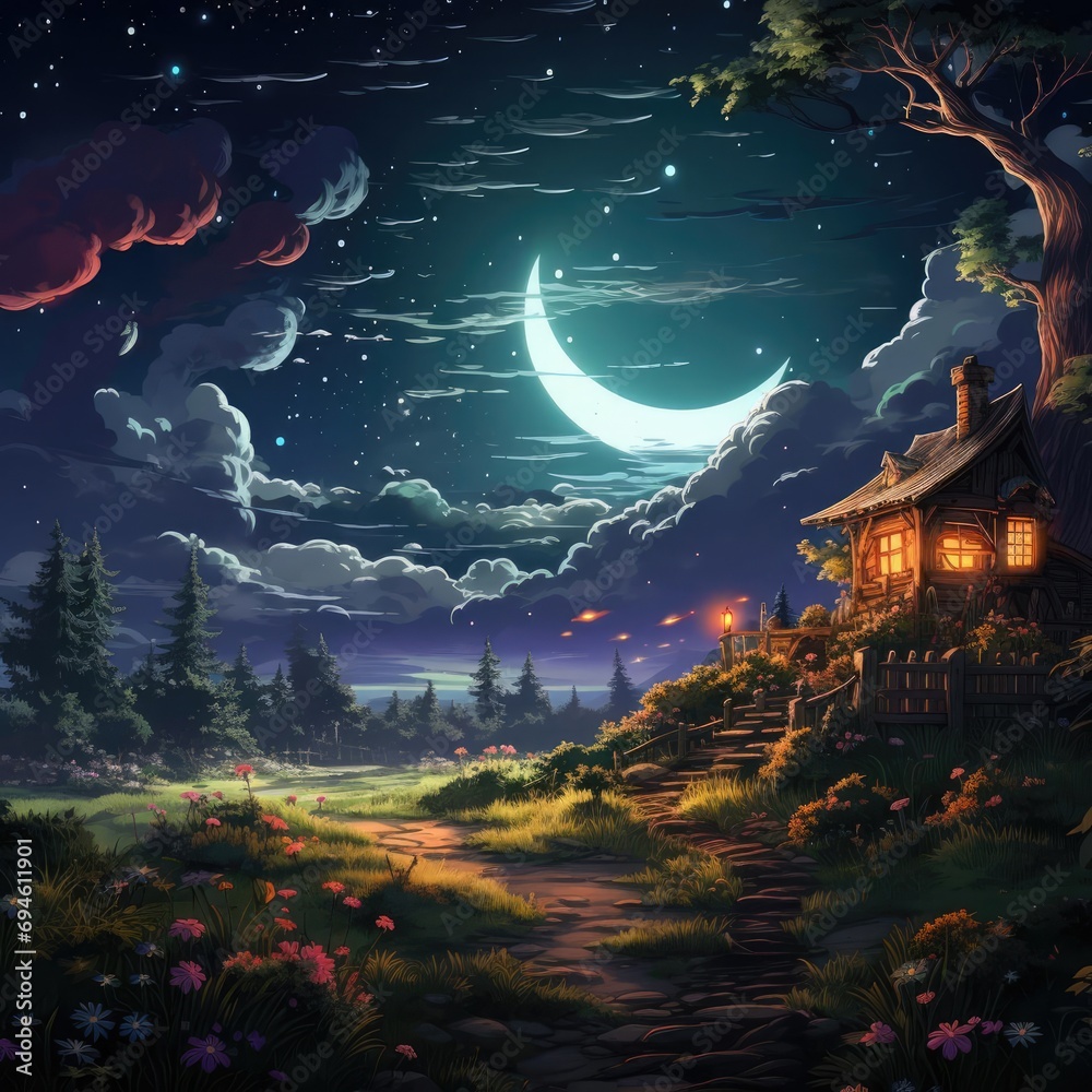 Cozy Cabin in the Moonlight: A Pixel Art Scene