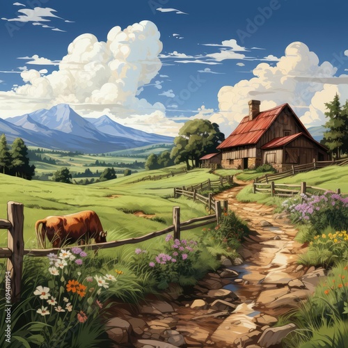 A Sunny Day on the Farm: A Cartoon Illustration