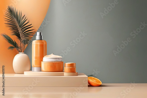 orange cosmetics podium 3D mockup showcasing cream jar shampoo bottle
