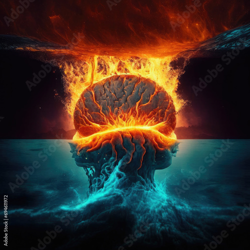 Brain in the night, The brain is drowning in water and the fire is burning in it. Mind depression problem Mind concept images