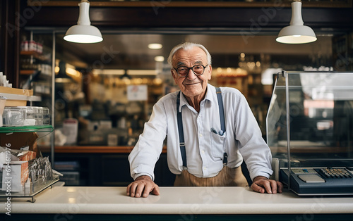 Aged man working as a cashier in the store, smiling