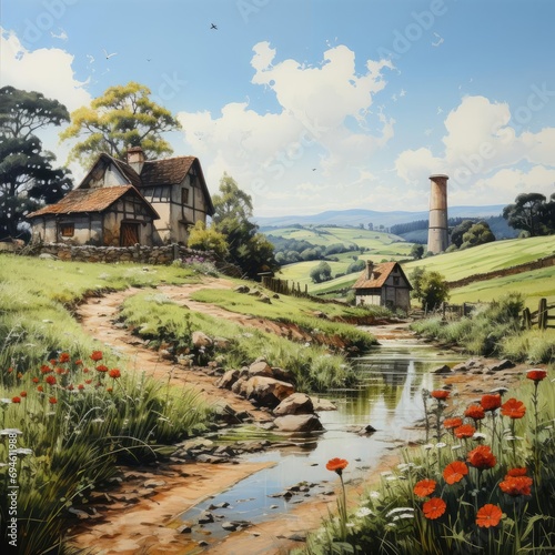 Rainbow over the Farm: A Watercolor Painting