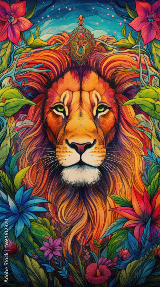 Bright colorful portrait of a wild lion.