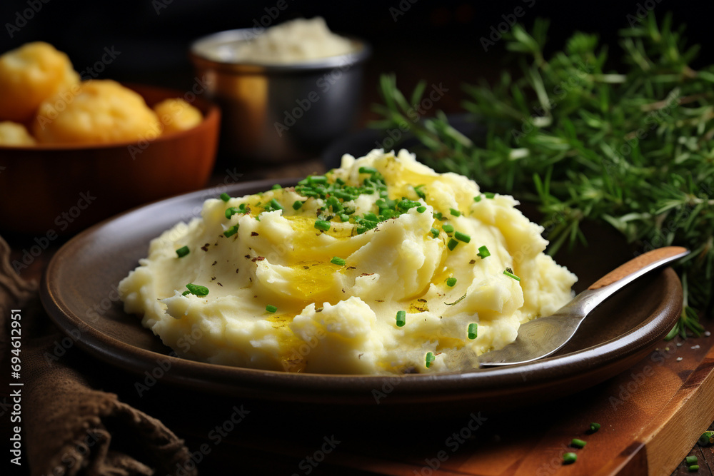 Mashed potatoes with butter and aromatic herbs. Generative AI. Mashed potatoes with butter and aromatic herbs. Generative AI.