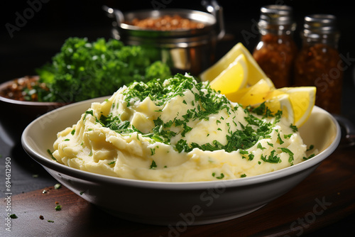 Mashed potatoes with butter and aromatic herbs. Generative AI.