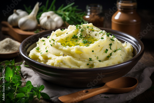 Mashed potatoes with butter and aromatic herbs. Generative AI.