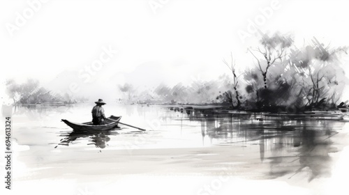 川岸の小舟で釣りをする男性が描かれた水墨画風の風景