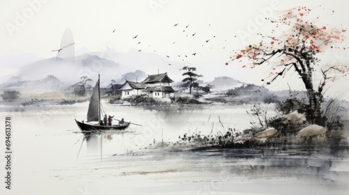 中国風の湖畔の建物や船を描いた水墨画風の風景 photo