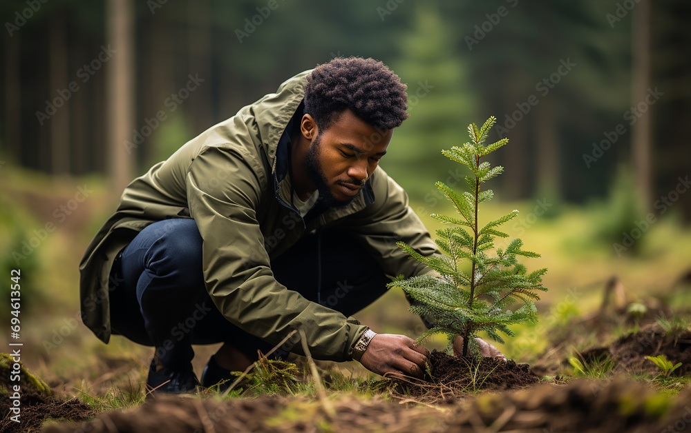 A man plants a tree. Handsome male working outdoors.