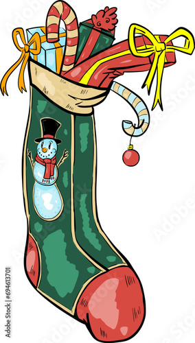 Hand drawn vector drawing of Christmas stocking, sock with gifts, decoration, ornament. Cartoon style, doodle, colour, colourful, present, winter holidays, snowman, candy cane 