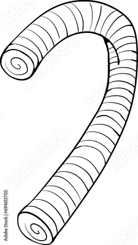 Hand drawn vector drawing of a candy cane, Christmas decoration. Cartoon style, doodle, black and white, contour, silhouette, sign, symbol, ornament, sweets
