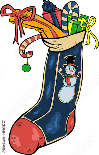 Hand drawn vector drawing of Christmas stocking, sock with gifts, decoration, ornament. Cartoon style, doodle, colour, colourful, present, winter holidays, snowman, candy cane 