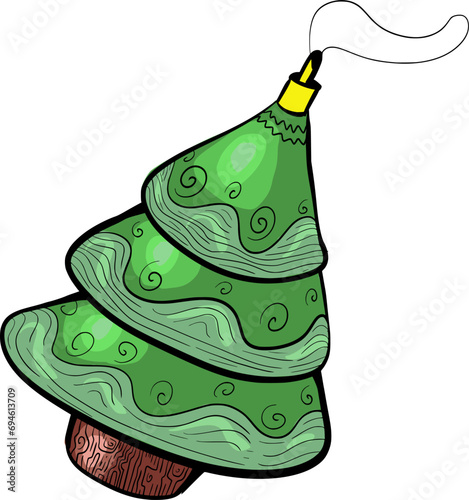 Hand drawn vector drawing of Christmas tree, for, pine, toy, decoration, ornament. Cartoon style, doodle, colour, colourful, green, winter holidays, december, sign, symbol